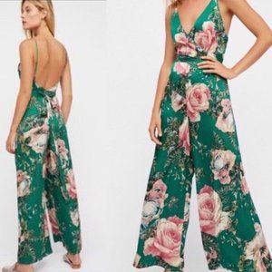 Free People Cabbage Rose Green Satin Women's Jumpsuit Size 2